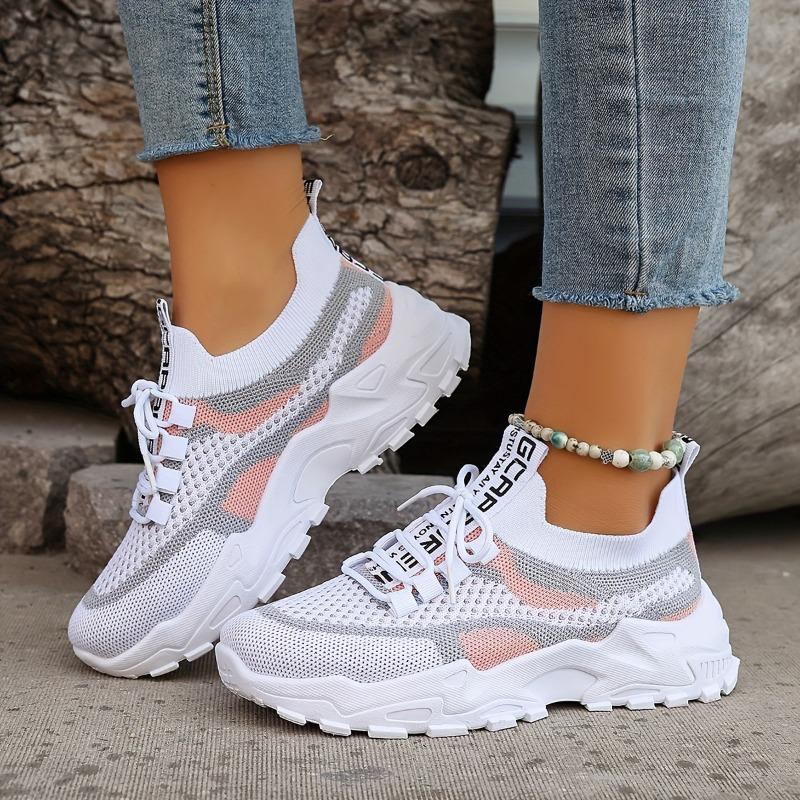 Women's Colorblock Knitted Sneakers Stylish Breathable Low Top Running Trainers, Comfy Outdoor Sports Shoes Plus Size