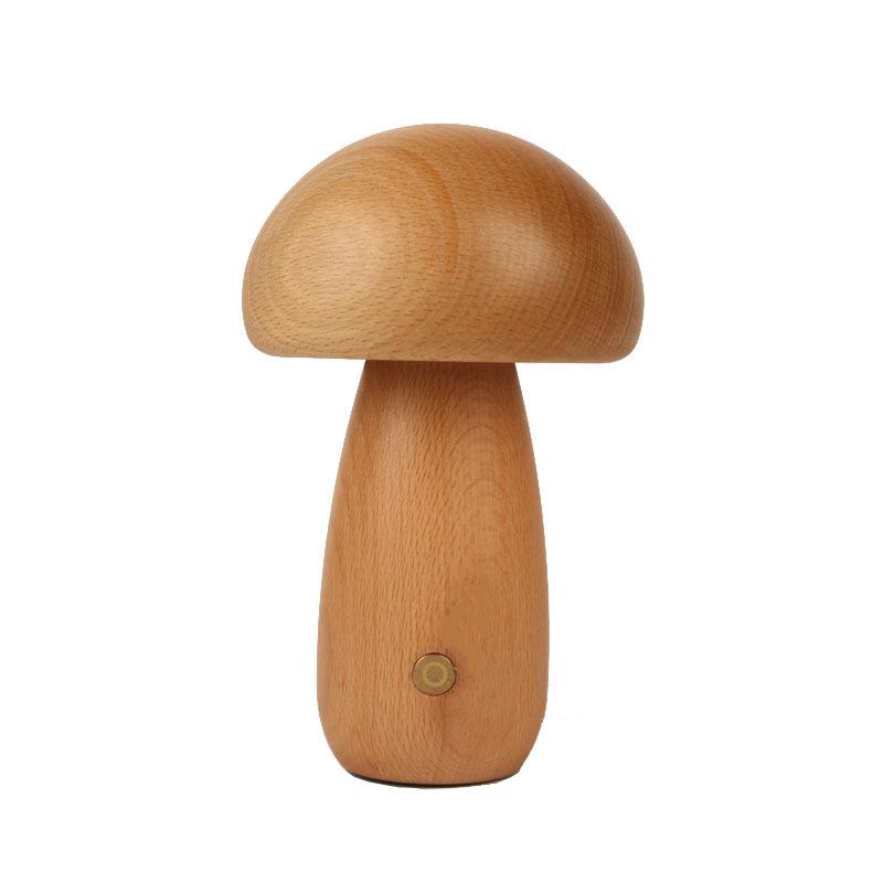 Dimmable Wooden Mushroom Night Light - USB Rechargeable Bedside Lamp with Eye Protection