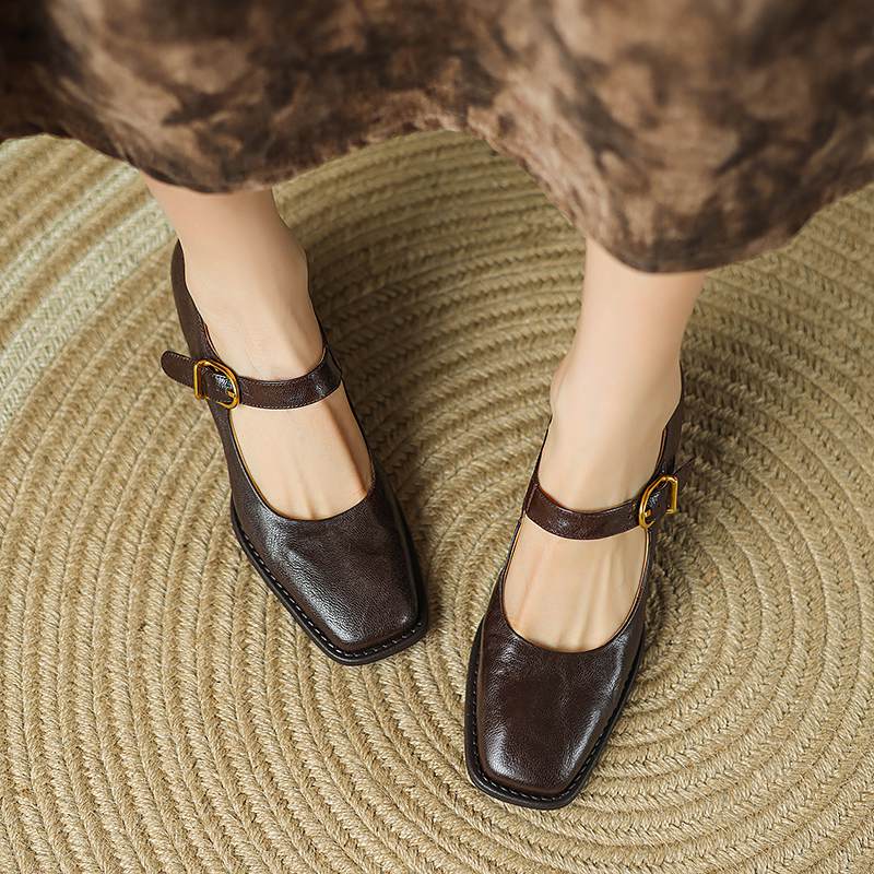 Krazing Pot Sheepskin Fashion Summer Spring Autumn Thick High Heels Metal Buckle Women  European Design Square Toe Pumps