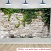 Rustic Ivy Stone Wall Tapestry, Weathered Gray Brick with Trailing Green Vines, Vintage Nature Wall Art