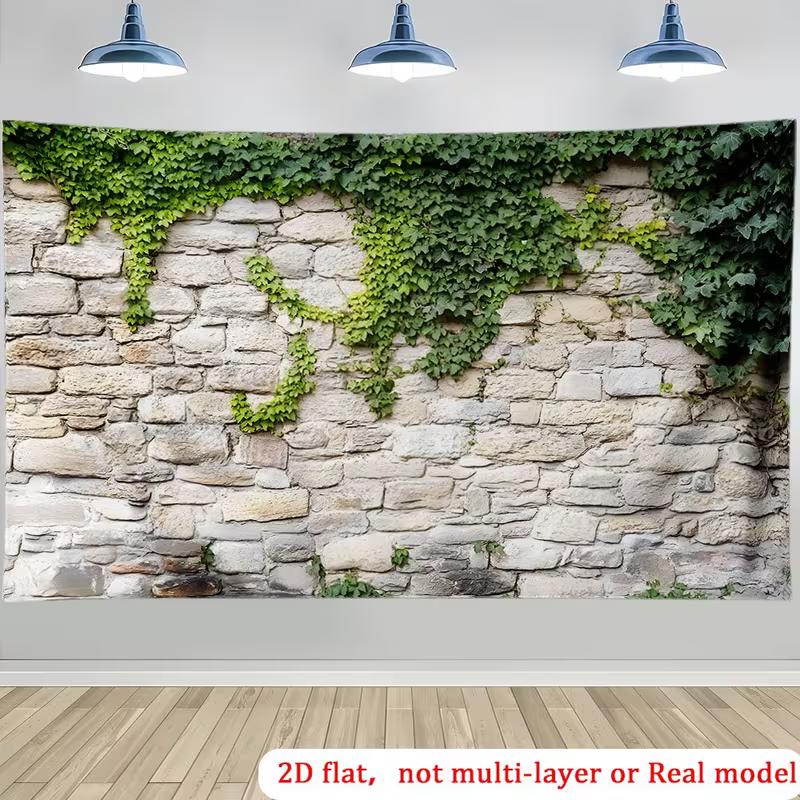 Rustic Ivy Stone Wall Tapestry, Weathered Gray Brick with Trailing Green Vines, Vintage Nature Wall Art