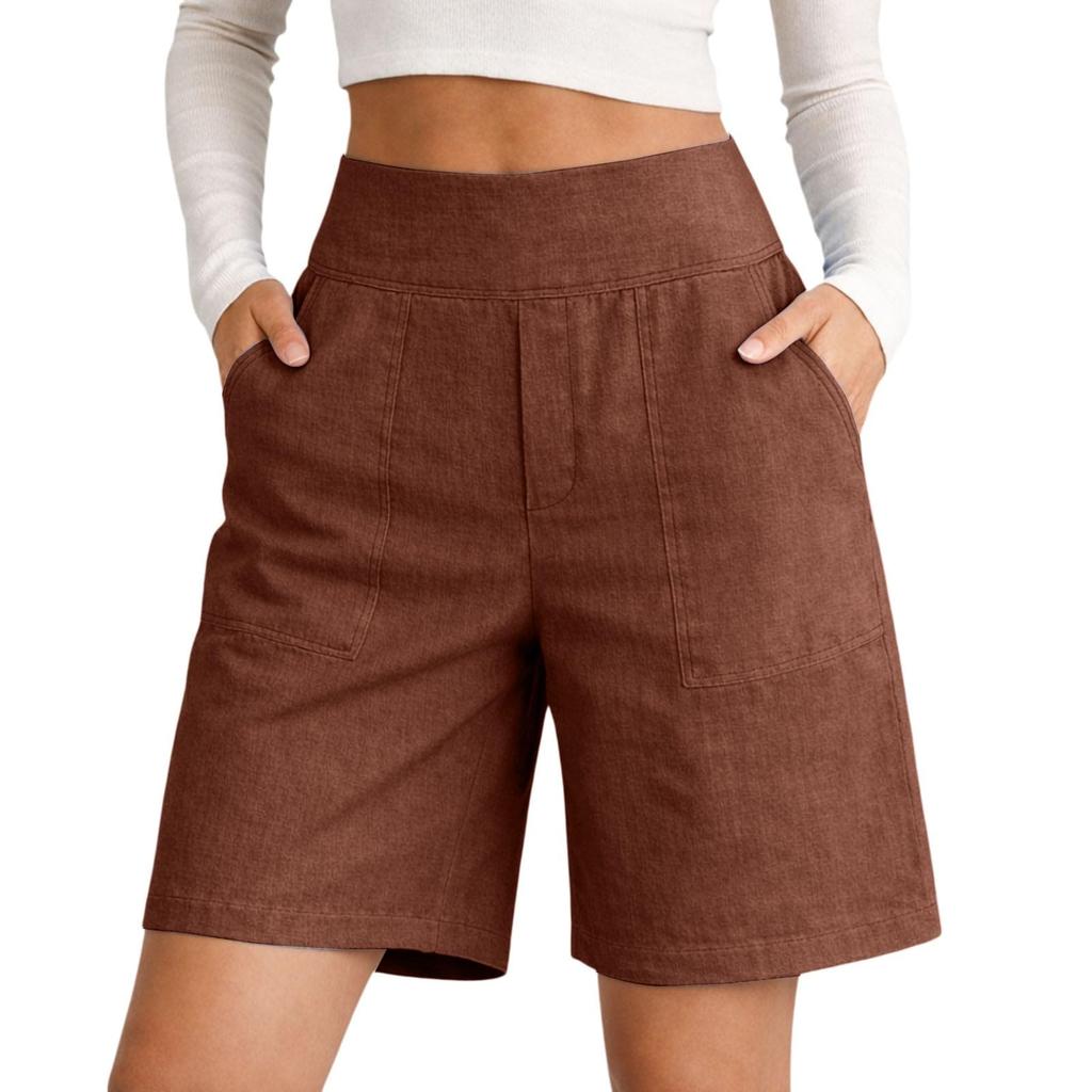 Damen Farbe Baumwolle Leinen Lässig Taille Shorts Mit Taschen Und Dreiviertelshorts