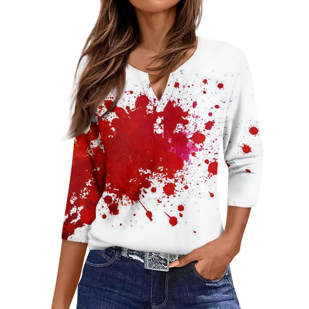 Damen Lässige Mode V-Ausschnitt Locker Vielseitig Halloween-Print Dreiviertelarm Oberteil