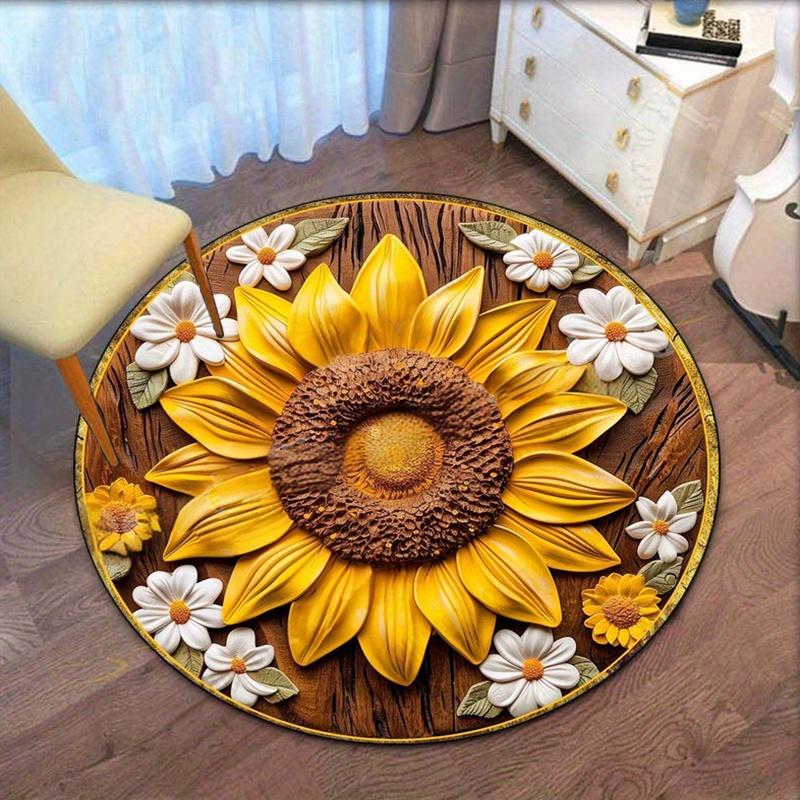 Sunflower Print Round Rug, Non Slip Floral Carpet for Living Room, Bedroom Decor, Soft Washable Floor Mat