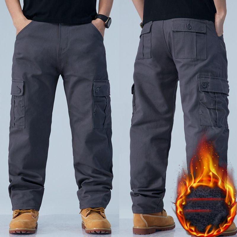 Winter Men'S Thick Velvet Warm Work Pants Casual Pants Loose Straight Tube Multi Pocket Pure Cotton Wear-Resistant Work Pants