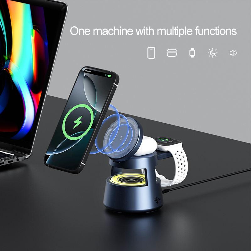 Mindpure 3-in-1 Magnetische Kabellose Ladestation Faltbarer 15W Lade-Ständer mit RGB-Nachtlicht und Lautsprecher