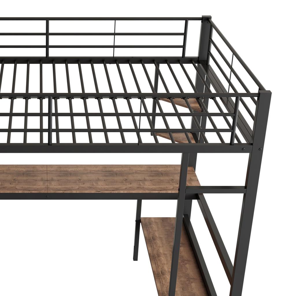 Bunk Bed 90x200 Cm Black, Iron Bed Desk, 4 Small Shelves, Large Bookcase, Safety Ladder, for Children's Room/adults