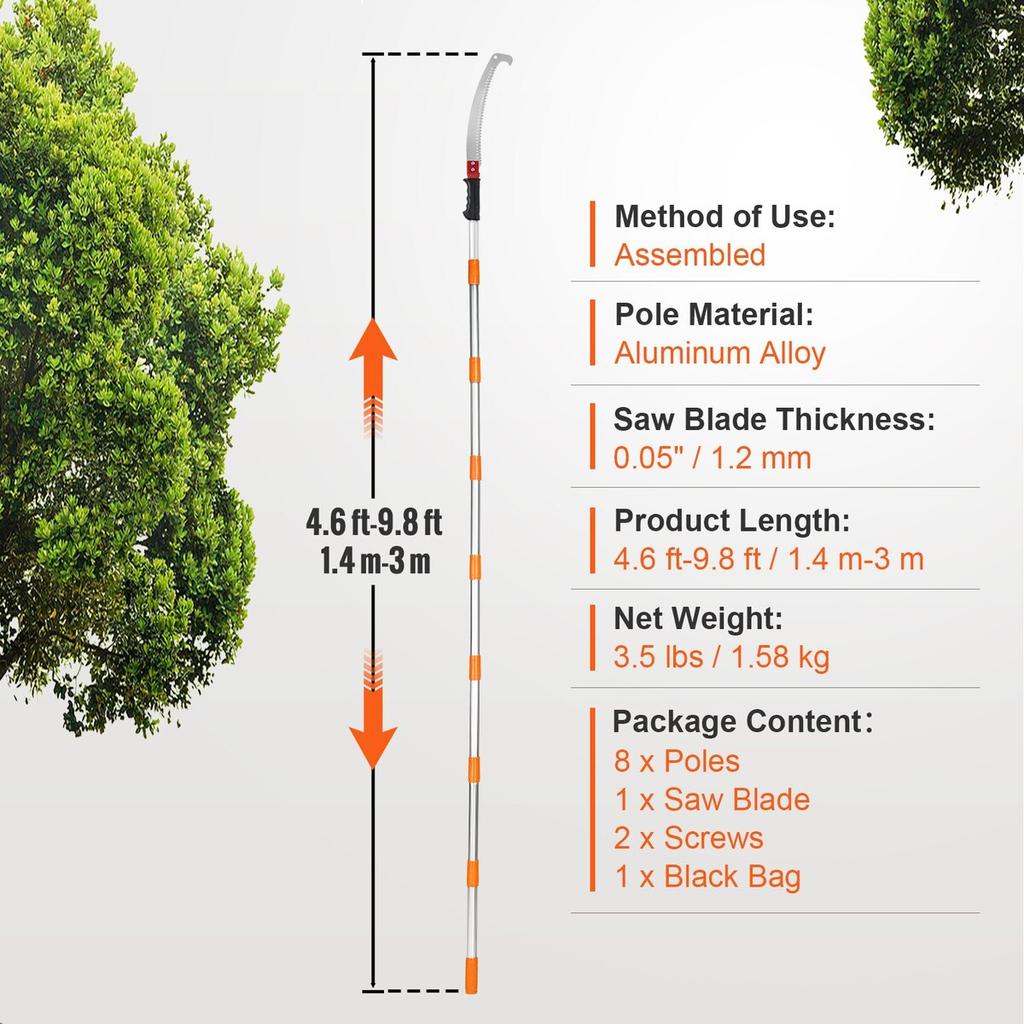 Manual Pole Saw,4.6-9.8 Ft Extendable Tree Pruner, Sharp Steel Blade for High Branches Trimming, Manual Branch Trimmer with Lightweight Aluminum Alloy