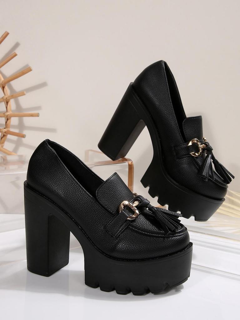 Women's Chunky Heel High Heel Shoes with Tassel Decoration - 2025 Autumn Collection in Plus Sizes