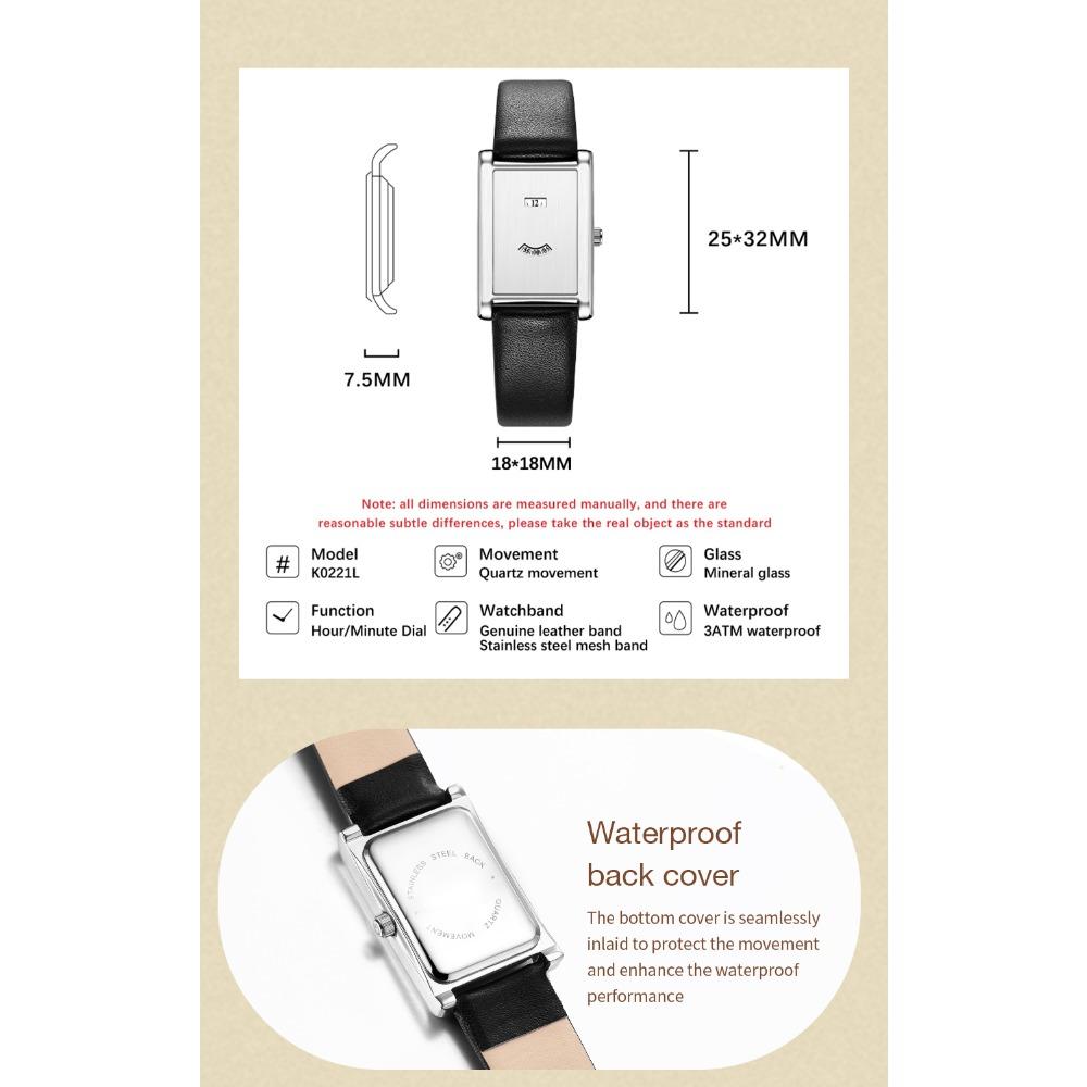 Women Rectangle Quartz Wristwatch Leather Strap Date & Minute Display Dress Daily Watch