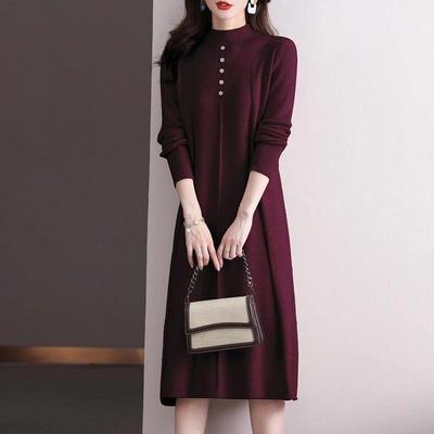 2025 Women's Elegant Half-High Collar Wool Knit Dress for Autumn and Winter