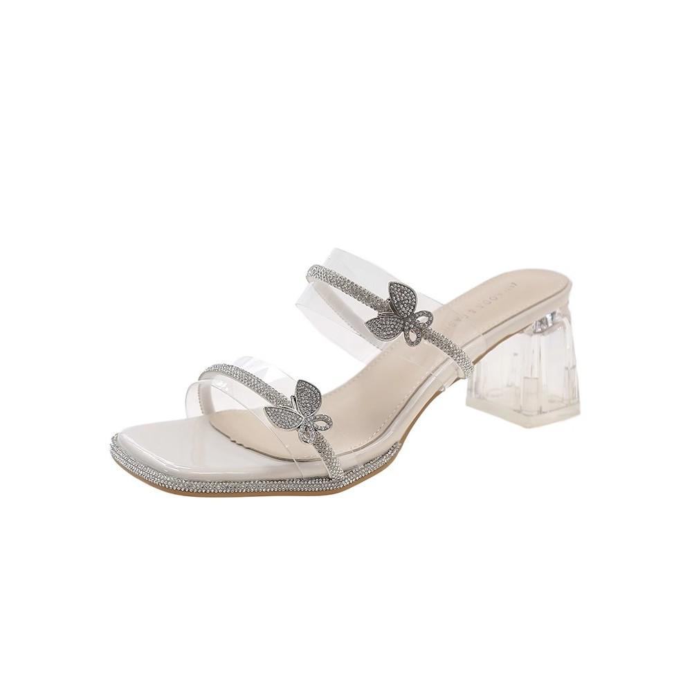High-heeled slippers for women's summer wear new transparent rhinestone one-word slippers crystal thick-heeled cool slippers