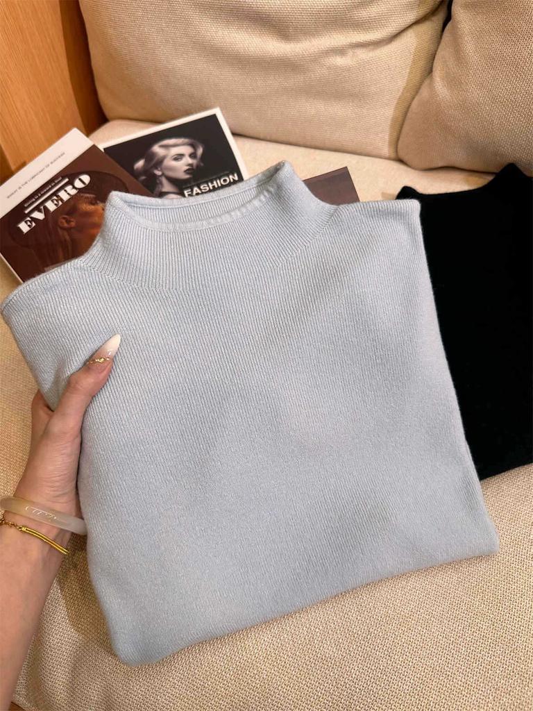 Autumn and winter warm small stand-up collar with knitted bottoming shirt inside, women's stacked long-sleeved solid-color versatile soft waxy 