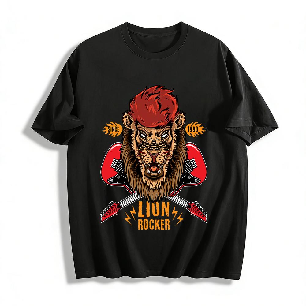 

Vintage Rock Lion Guitar Print Tee Street Style Unisex Top Pure cotton T-shirt XXS