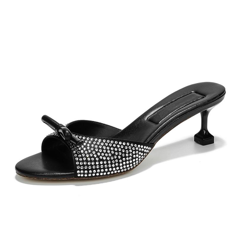 

Fashion Luxury Rhinestones Satin Bowknot Peep toe Women Slippers Sandals Fashion Thin High heels Mules Slides Summer Party Prom Shoes 35