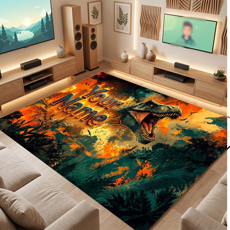 Dinosaur Theme Soft Crystal Velvet Rug Custom Name & Text Print Non Slip Floor Rug for Bedroom Living Room