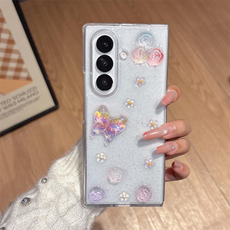 Cute 3D Bowknot Butterfly Phone Case For Samsung Galaxy Z Fold 7 6 5 4 Glitter Clear Shockproof Cover With Pearl Beads Wrist Str For Z Fold7