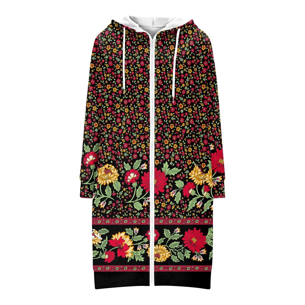 Women's Fashionable Printed  Long Sleeved Drawstring Hooded Zipper Pocket Long Casual Sweatshirt Jacket