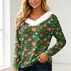 Women's Long Sleeve Christmas Print V-Neck Top with Plush Collar for Winter