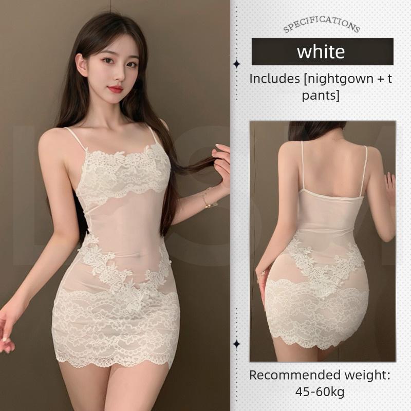 Women's White Sheer Lace Lingerie Dress Spaghetti Strap Bodycon Dress Floral Femme Elegant Desire