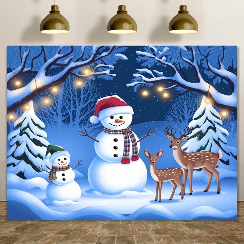 2D Christmas Snowman Scene Backdrop, Deer Family & Snowy Forest Photography Background 47.2x31.5inch/120*80cm