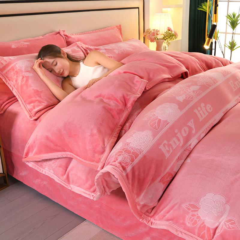 Light luxury high gram weight carved fleece milk fleece bed sheet four-piece set thickened warm bedding winter