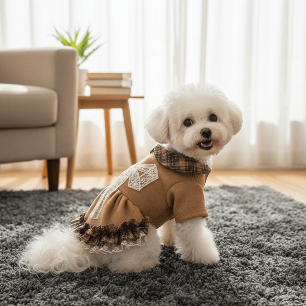 Thickened Pet Plaid Skirt Windproof Comfortable Autumn Winter Dog Dresses Skin-Friendly Soft Dog Lace Bow Coat Outdoor Walking