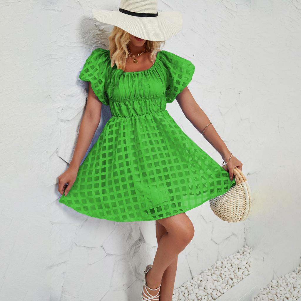 Sommer Damenmode Solide Kurzarm Plissee Kurzarm Mini-Länge Kleid