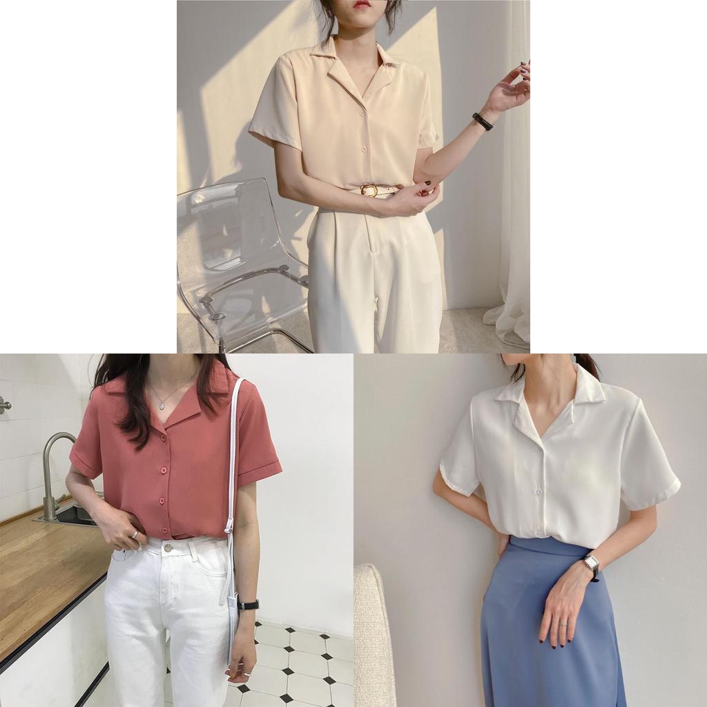Womens Short Sleeve College Style Blouse With Splicing And Suit Collar For Summer Office Wear