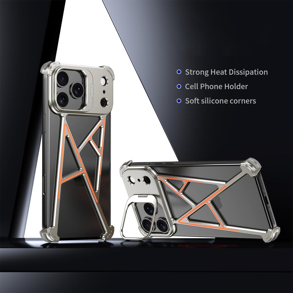 For iPhone 17 Pro Bumper Case Four Corner Airbag Kickstand Boardless A-Shape Metal Phone Cover