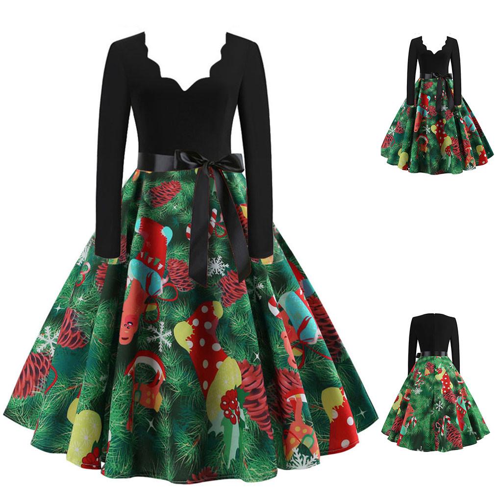 

Женщины с длинным рукавом Рождественские музыкальные ноты с принтом Vintage Flare Dress