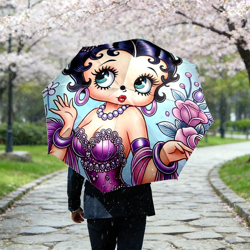 1pc Sturdy 8-Bone Auto Umbrella, Betty Boop Umbrella, Digital Printed, Foldable Umbrella for On-the-Go Outdoor Use