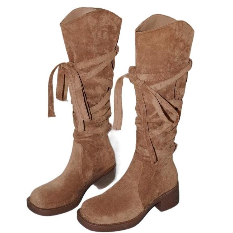 Fashion Lace Up Women's Mid Heels Long Boots Designer Retro Suede Shoes Designer Chunky Winter Shoes 2025 New Fashion Pumps Cool Boots