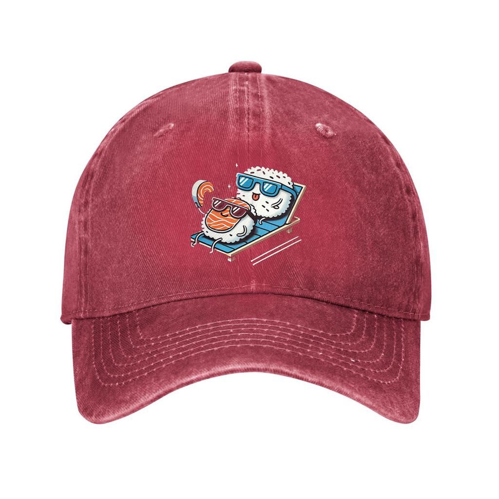 Sushi Couple Relaxing On Beach Chair Graphic Print Baseball Cap Cotton Adjustable Casual For Adults
