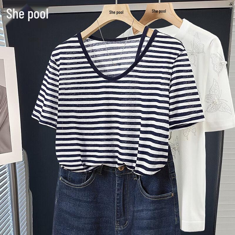 Women s Striped Lyocell Blend Loose Fit Short Sleeve T-Shirt One Size