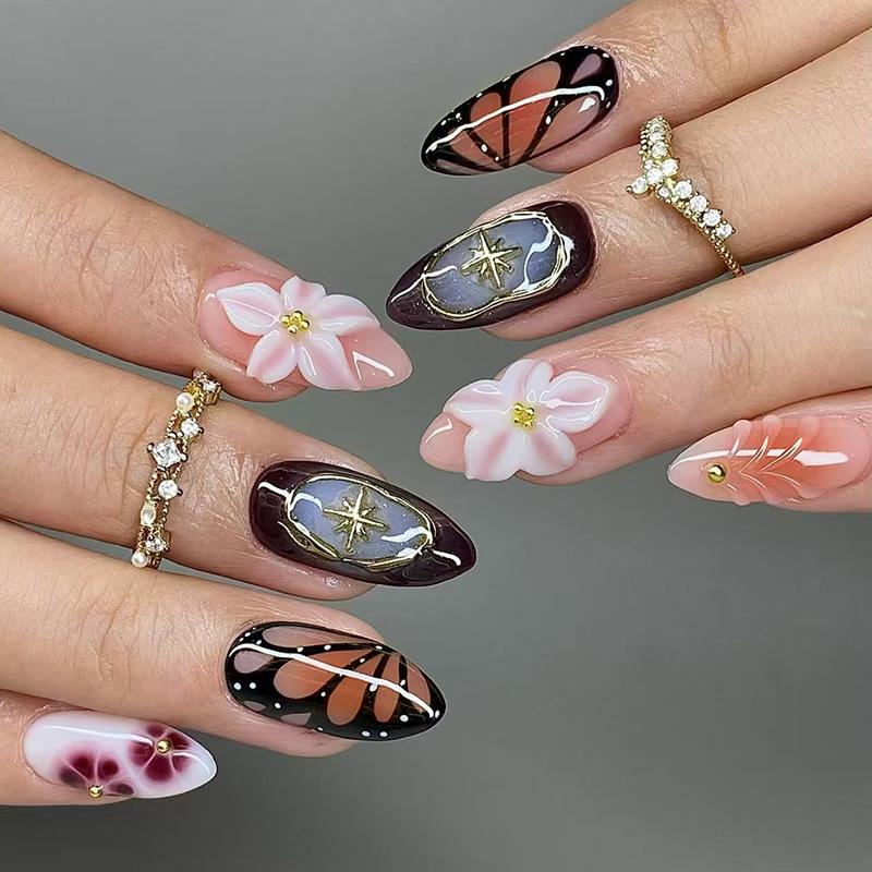 24PCS Almond Press On Nails 3D Carved Flowers Retro French Fake Nails for Women Golden Patterns Wearable Sweet False Nails Tips