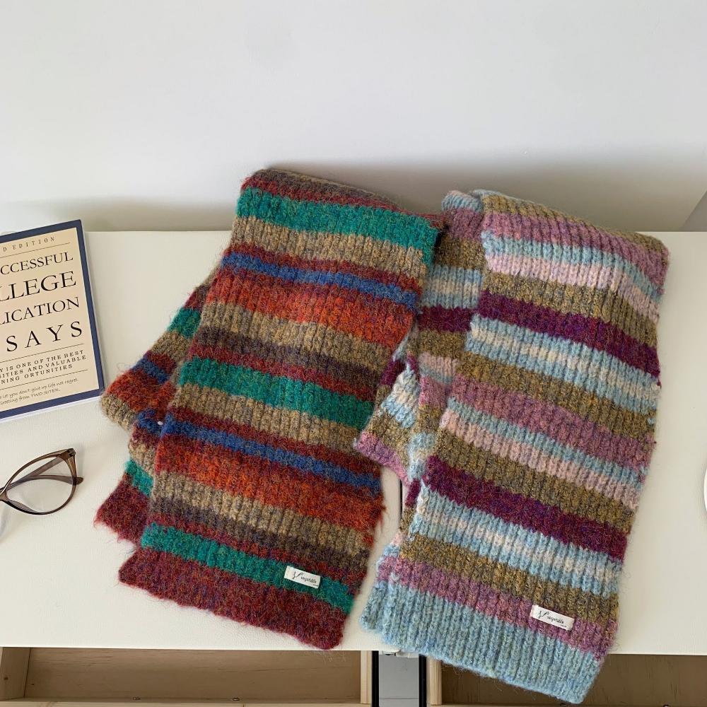 Retro Contrast Color Striped Scarf Wool Knitting Scarf For Women Autumn Winter Warm Cold-Proof Scarf Versatile Student Muffler