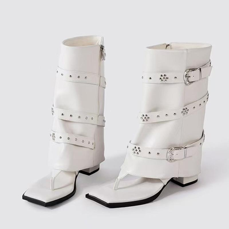 

Модные ботильоны Liyke в стиле панк с металлическими пряжками-заклепками для женщин, на низком толстом каблуке, туфли для вечеринок, с клипсой, квадратный носок, летние ботильоны 35 белый