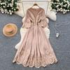 French court style seven-quarter sleeve dress women's summer mesh hollowed crochet design sense temperament big pendulum long skirt