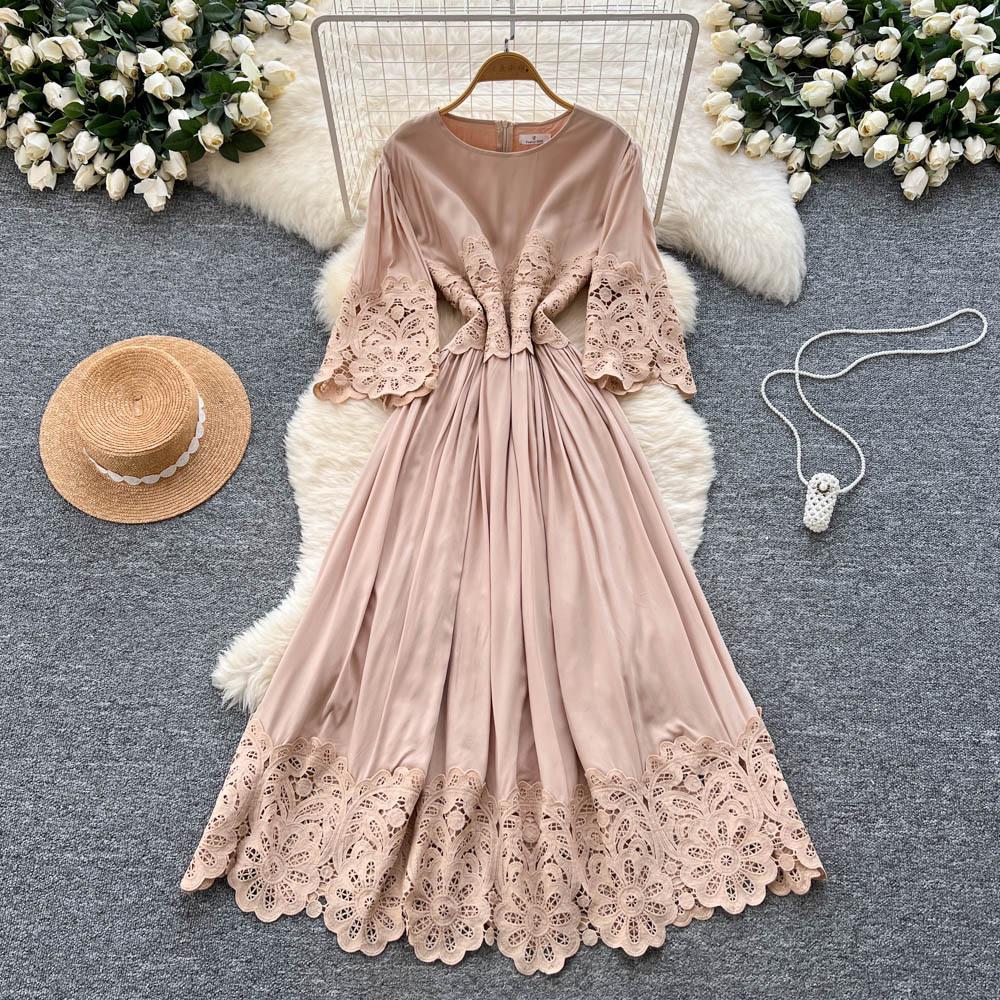 French court style seven-quarter sleeve dress women's summer mesh hollowed crochet design sense temperament big pendulum long skirt