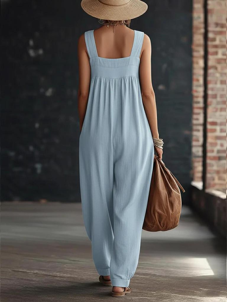 2026 European Spring/Summer Casual Women's Jumpsuit with Pockets - Comfortable, Loose, Solid Color & Strappy Design