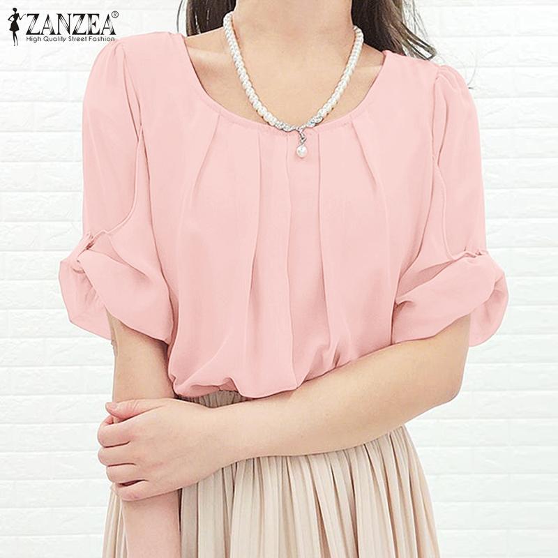 ZANZEA Blusa Casual de Verano para Mujer con Cuello Redondo y Manga Corta