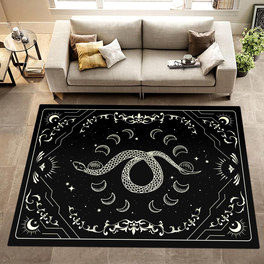 Bohemian Celestial Print Rug, Black & Beige Snake & Star Non-Slip Floor Mat for Living Room Bedroom Witchy Home Decor Carpet
