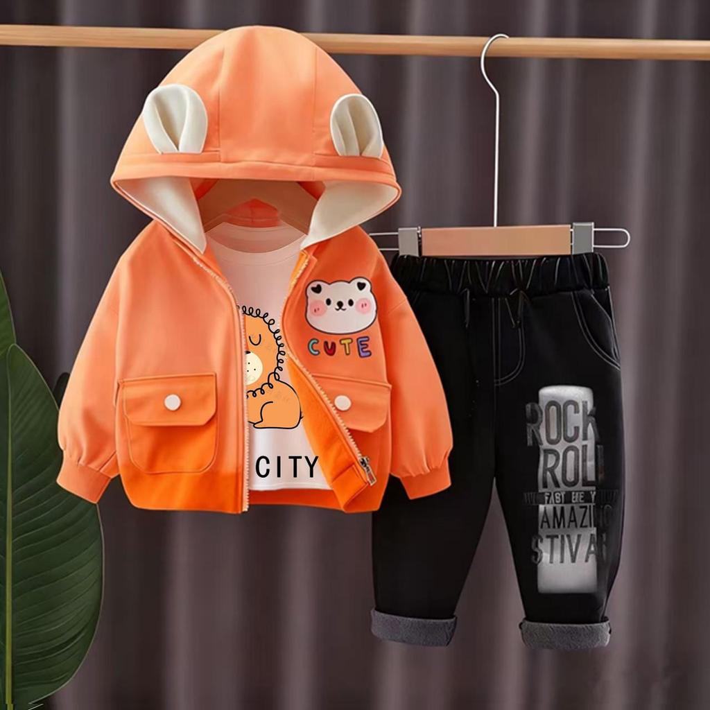 Children's Cartoon Spring & Autumn Hooded Jacket: Trendy 2026 Three-Piece Set for Boys & Girls