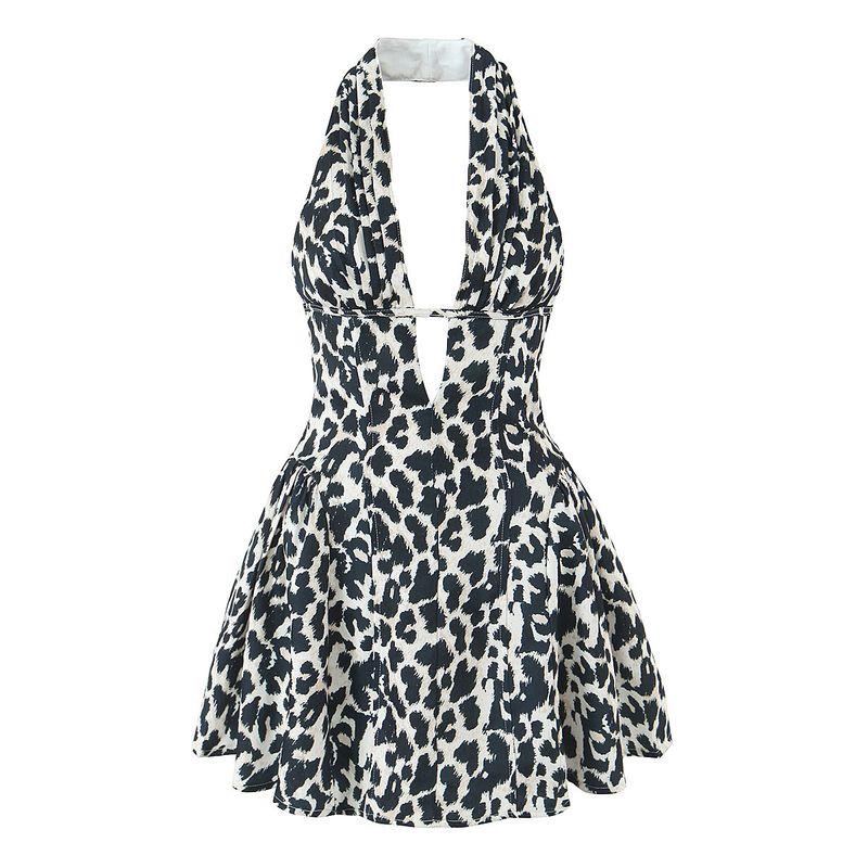 

Leopard Love Field French style Retro Sexy Hanging Neck Dress Leopard Print Gyaru Deep V-neck Slim fit Slimming Sleeveless Short dress Leopard walks in love with the wild S