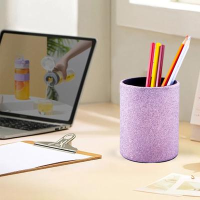 Faux Leather Round Pencil Holder Cup Desktop Pen Storage Organizer Stationery Scissors Container for Home School Office Dorm