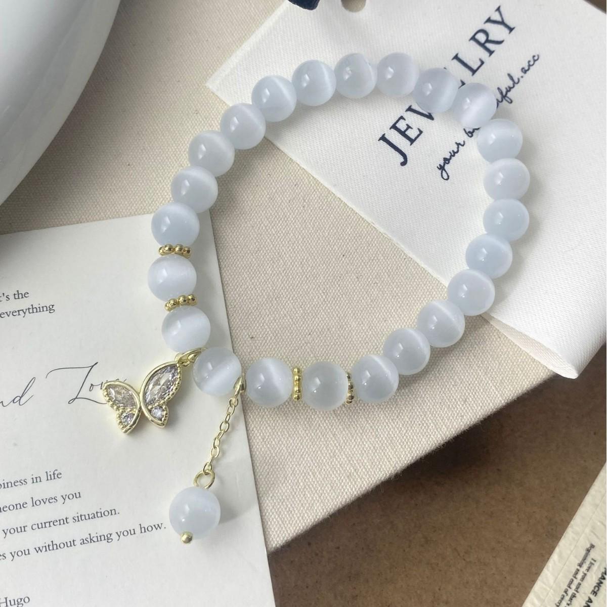 French Zircon Butterfly Cat s Eye Beaded Bracelet: Elegant High-End Fashion Hand Jewelry