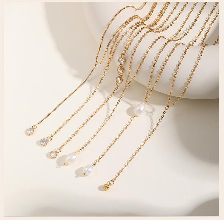 Stainless Steel Y Shape Pearl and Cubic Zirconia Pendant Neckalace For Women, Minimalist Personal Gold Plated Jewelry