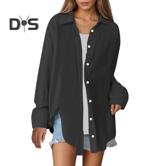 Cămașă Damă Rever Mânecă Lungă Plachetă cu Nasturi Topuri Cămașă Culoare Solidă Croială Lejeră Îngrijire Ușoară Cămașă Șifonată