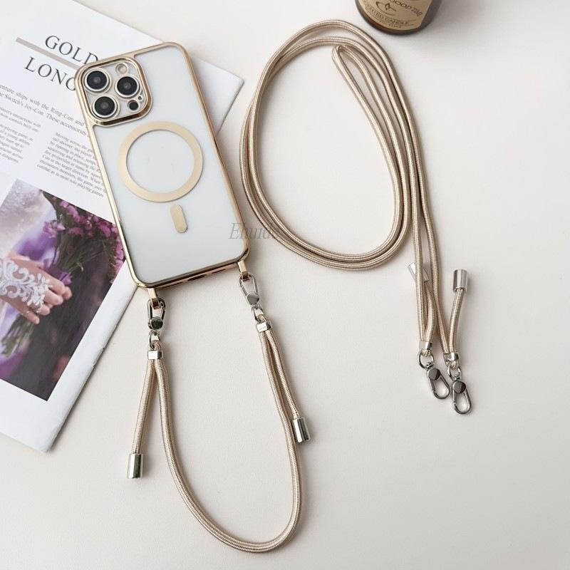 Plating Magnetic Strap Case For iPhone 15 13 12 11 14 16 Pro Max Plus Crossbody Short Long Two Lanyard Necklace Rope Clear Cover